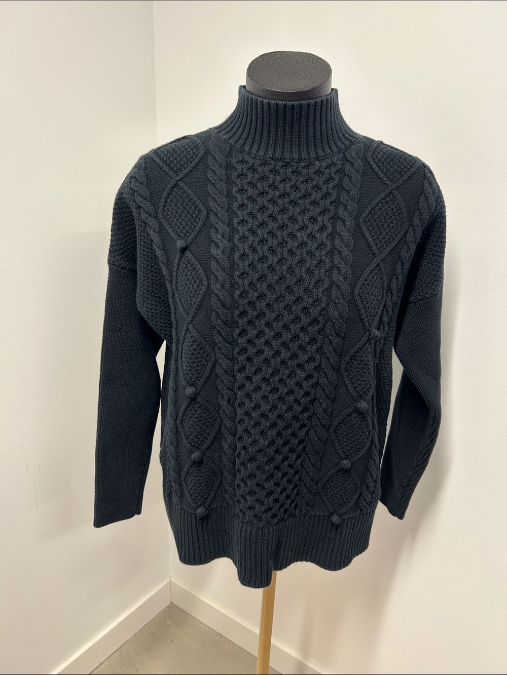 J.Crew Re-Imagined Cable Knit Mockneck Sweater M Dark Gray Chunky Pom Pom
